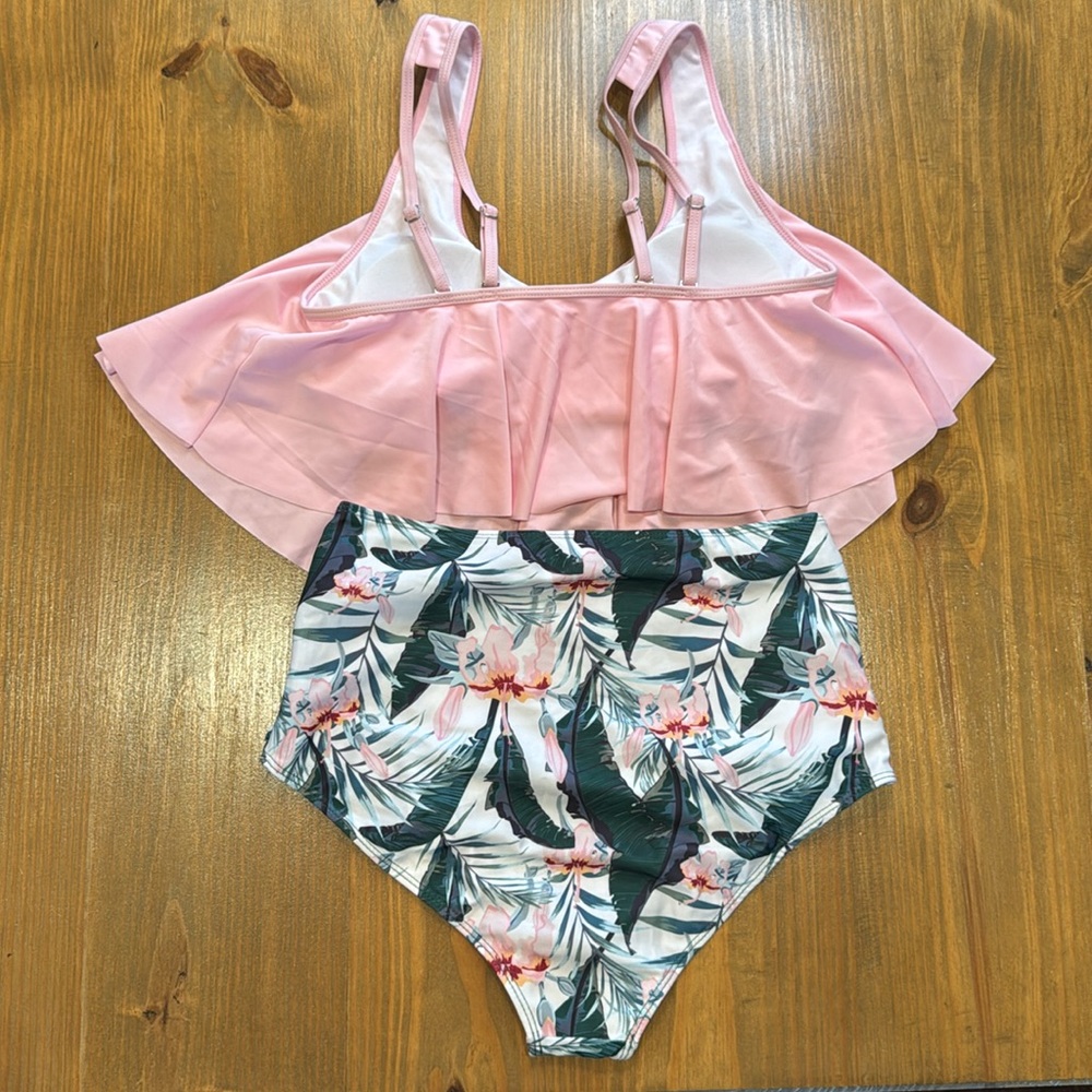 Pink & Floral flowy Bikini high ruched waisted swim NWOT Large - Picture 2 of 12